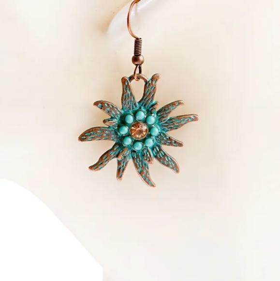 Turquoise Flower Earrings Sun Earrings Tarnish Boho Nature - Picture 2 of 9